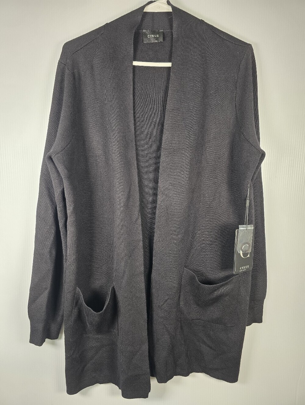 NWT Cyrus Black Knit Open Front Cardigan With Patch Pockets Size L